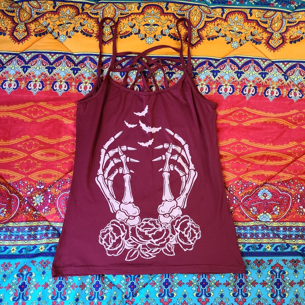 Skeleton hand rose bat red tank top